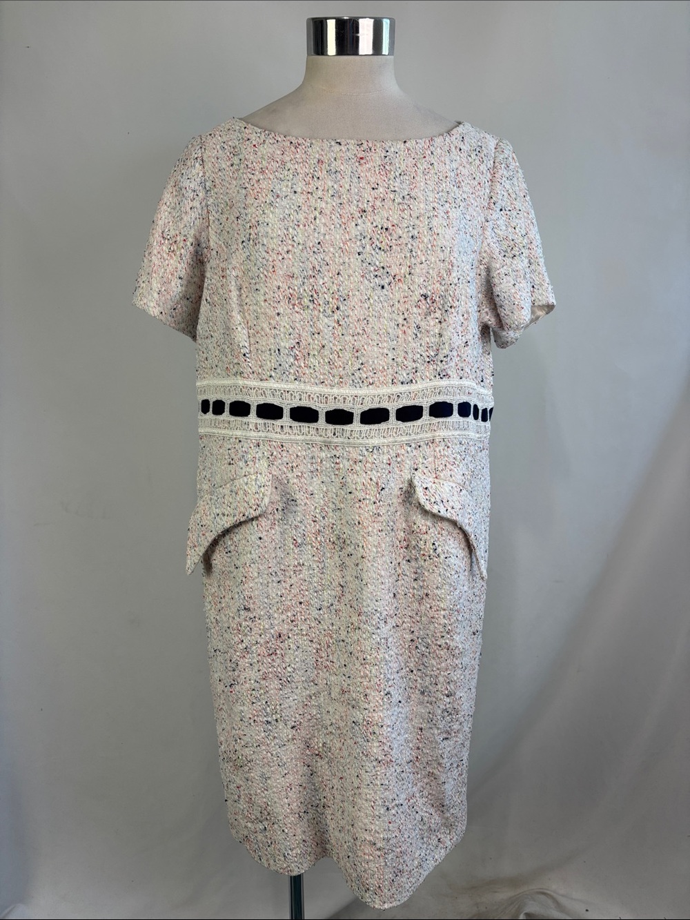 PEGGY JENNINGS IVORY MULTI TWEED W BLACK RIBBON WAIST DRESS